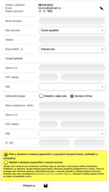 Přihláška do kurzu: Požádat o zasílání upozornění o nových kurzech či seminářích