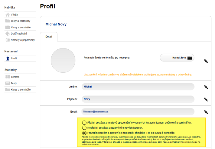 Profil: Požádat o zasílání upozornění o nových kurzech či seminářích